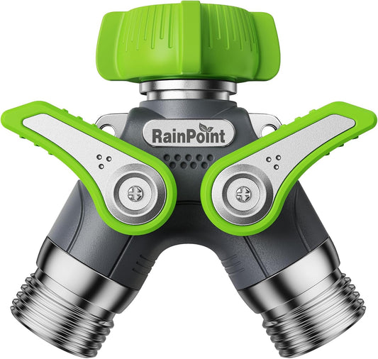 RAINPOINT Garden Hose Splitter, 2 Way Heavy Duty Water Hose Y Spigot Splitter with Shutoff Valves, 100% Metal Body Outdoor Faucet Splitter, 1.9" Extra Long Metal Handle, 3/4" GHT Thread (1, Green)
