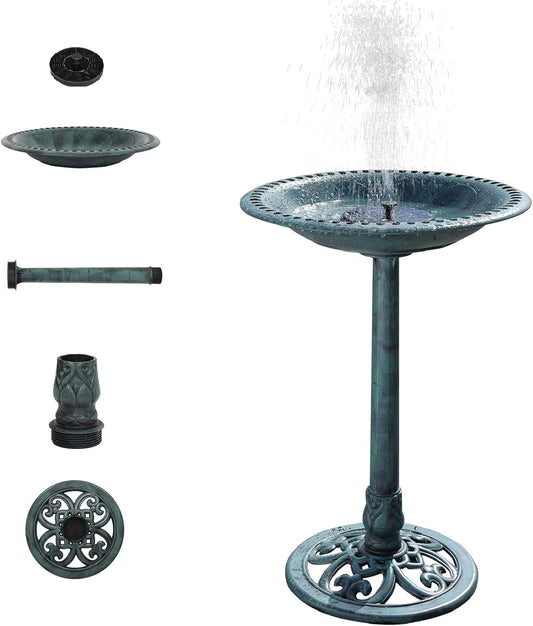 VINGLI 28 Inch Pedestal Bird Bath Solar Fountain Birdbaths with Steel Ground Anchors Weather Resistant Resin Antique Green Garden Decor for Outdoor Lightweight Courtyard…