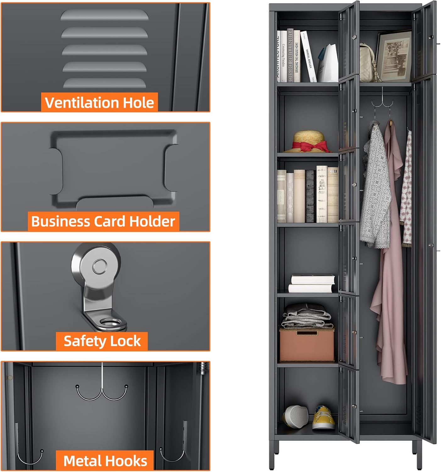 72" H Metal Storage Lockers with Doors and Rod,Industrial Combination Employee Lockers for Office,Home Gym,School,Assembly Required,7+1Doors,Grey