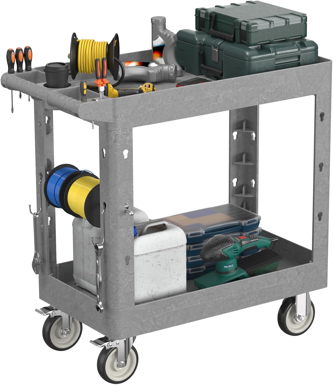 Heavy Duty Rolling Utility Cart with Wheels 2-Tier Utility Plastic Service Work Cart for Shop, Garage, Warehouse, Maintenance 550 lbs