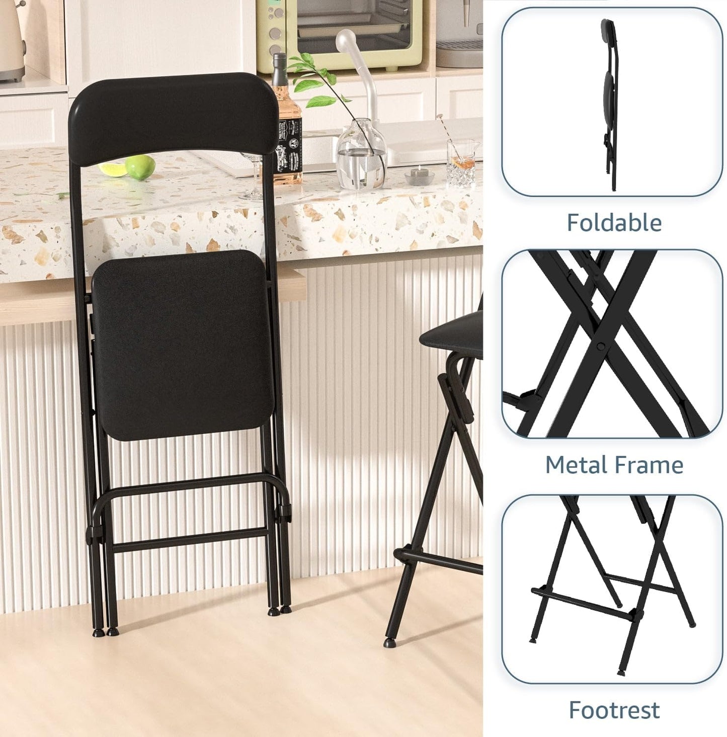 V&LX Folding Bar Stool with Backrest Leather Padded Portable Folding Stool Chair Counter Height Foldable Collapsible Stool for Kitchen Bar 2 Pack (Black, 25" H 2Pack)