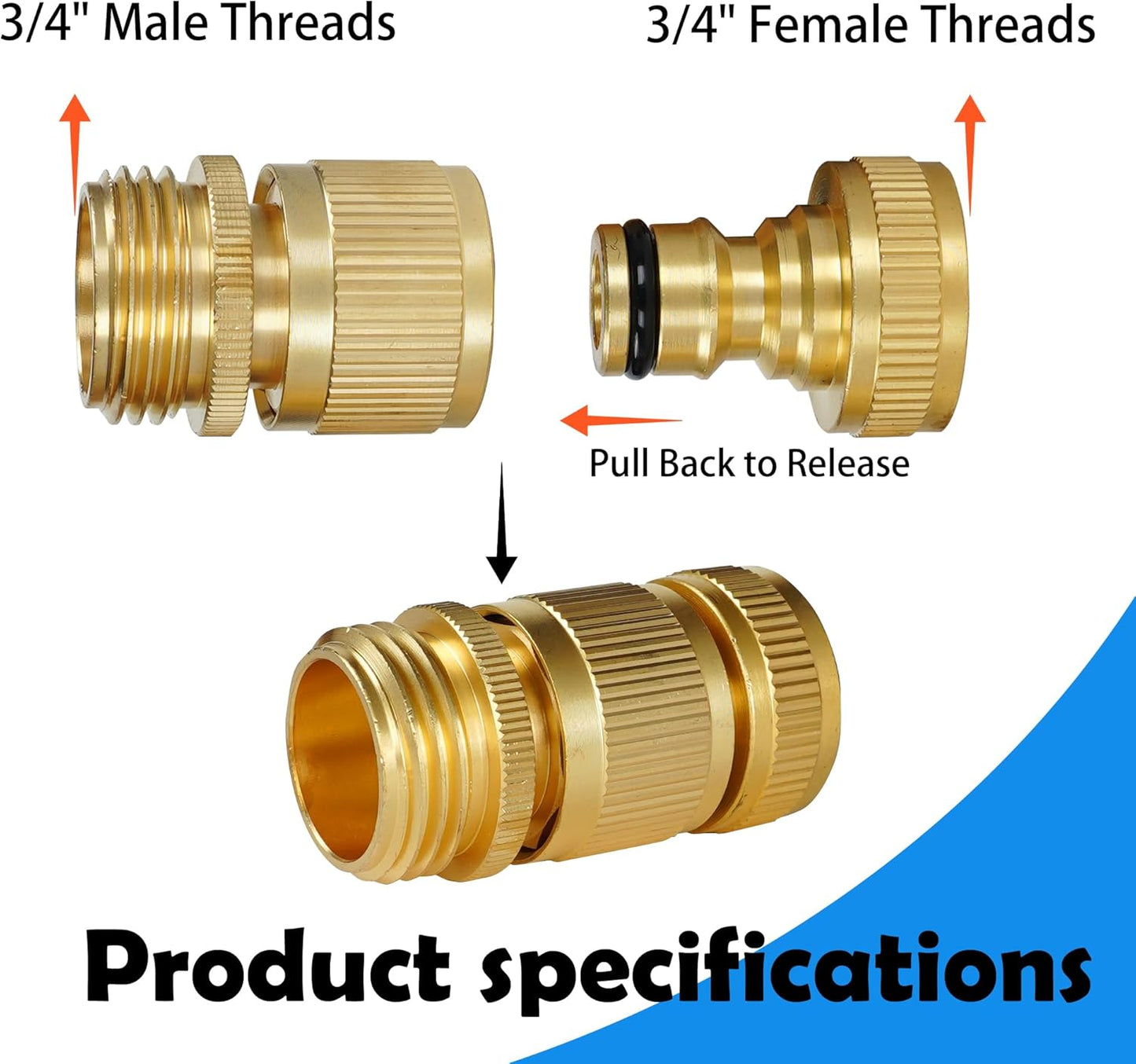 Hourleey Garden Hose Quick Connect, 8 Set Solid Brass 3/4 Inch GHT Thread Garden Hose Quick Connect Fittings, No-Leak Male and Female Water Hose Quick Release Connectors