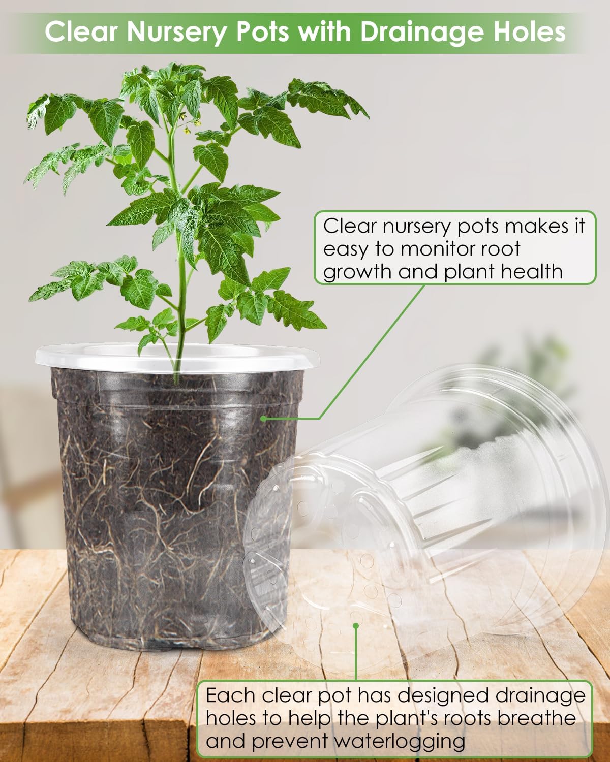 PACETAP 30Pack 5 Inch Reinforced Clear Nursery Pots with Drainage Holes, Variety Pack Plastic Plant Pots with 20 Plant Labels for Indoor Outdoor Flower Seed Starter