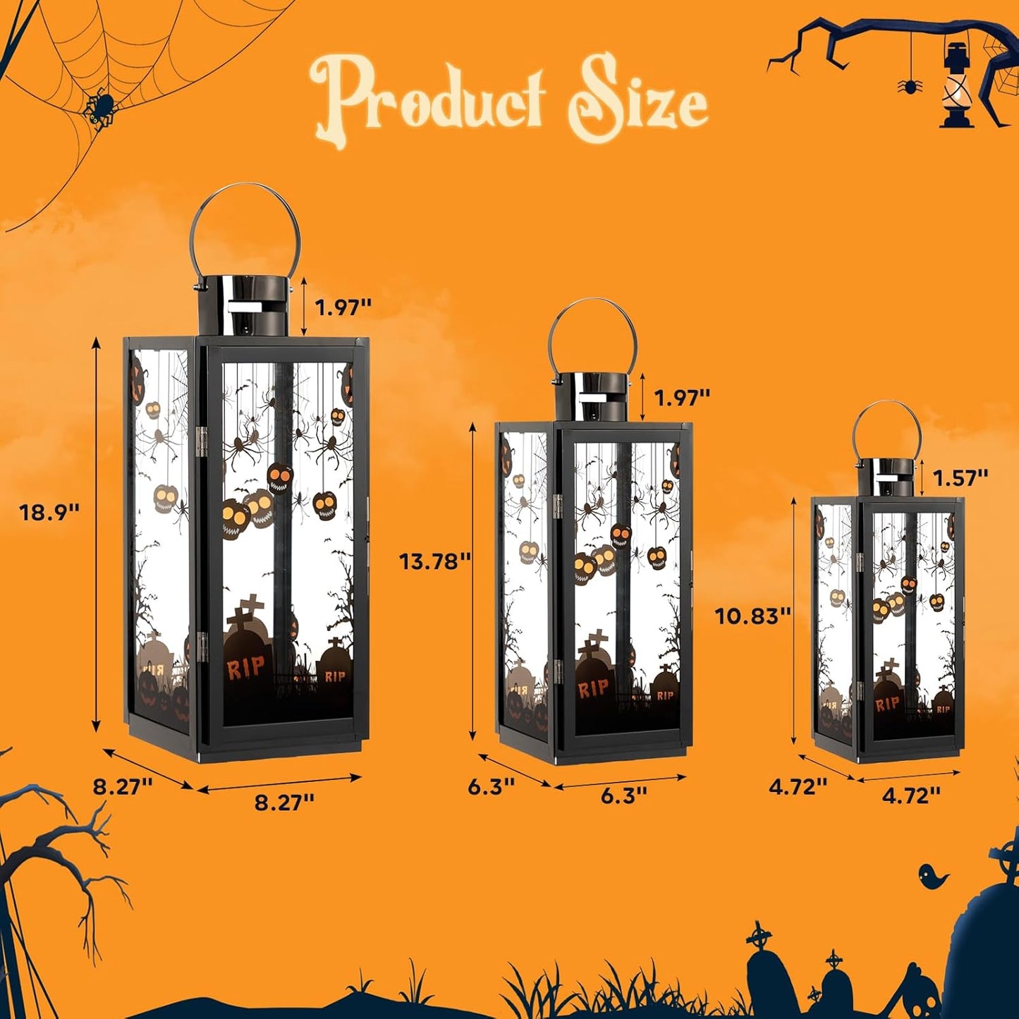 MATICO Stainless Decorative Candle Lantern Set of 3, Hanging Decor Hurricane Lantern Candle Holder for Festival Ceremony Home Decor, Both Indoor & Outdoor Use，Halloween