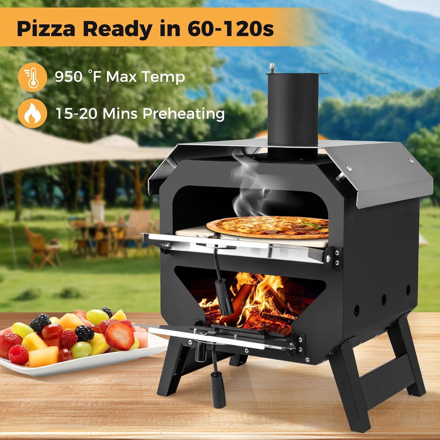 Happygrill Pizza Oven Outdoor, 12” Portable Wood-Fired Pizza Stove with Pizza Stone, Pizza Peel & Oxford Cloth Cover, Multi-Fuel Pizza Maker with Stainless Steel Roof for Patio Backyard Camping BBQ