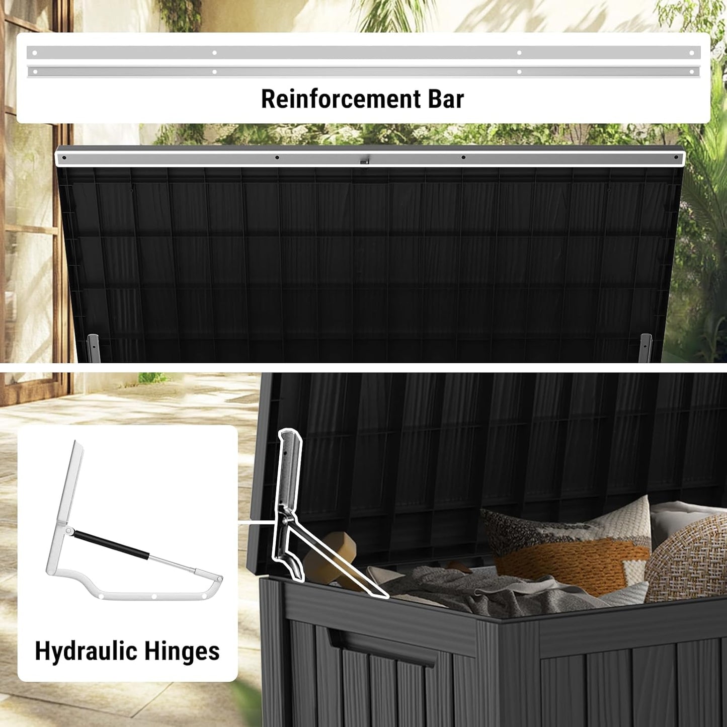 Mars Villa 180 Gallon Outdoor Storage Box, Large Resin Deck Box Waterproof, Storage Bin for Outside Patio Furniture Cushions, Pool Supplies, with Hydraulic Hinge, UV Resistant and Weatherproof, Black