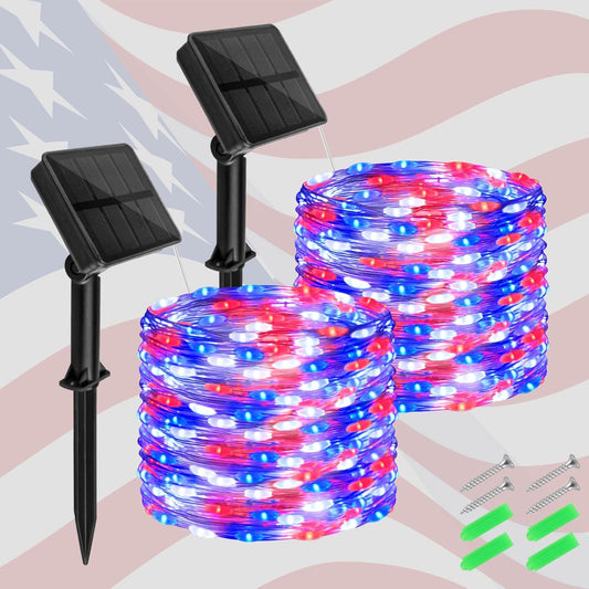 Red White and Blue Solar Fairy Lights, Memorial Day Lights Waterproof Outdoor 39.4ft 120LED 8 Modes Memory Function Independence Day Memorial Day Decorations, CS-SL-5M