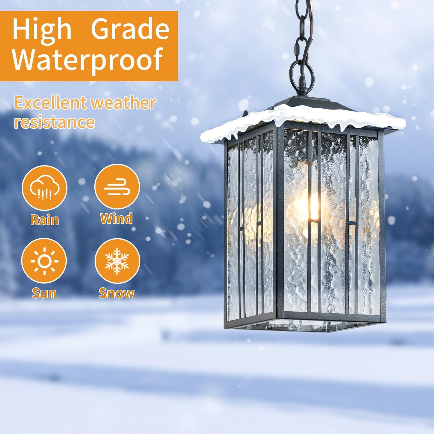 Outdoor Pendant Light, Black Exterior Hanging Lights, LED Outdoor Chandelier, Modern Hanging Lantern for Porch, Ceiling Entry Porch Patio Matte Black with Water-Rippled Glasses