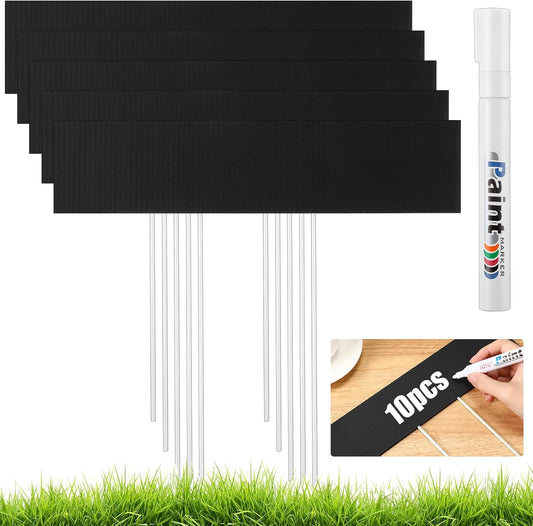 10 Set Jumbo Outdoor Plant Label Stakes Waterproof Nursery Garden Markers Plastic T Type Plant Tag Identification Stake with Marker Pen for Herb Vegetable Flowers, 12" High (Black)