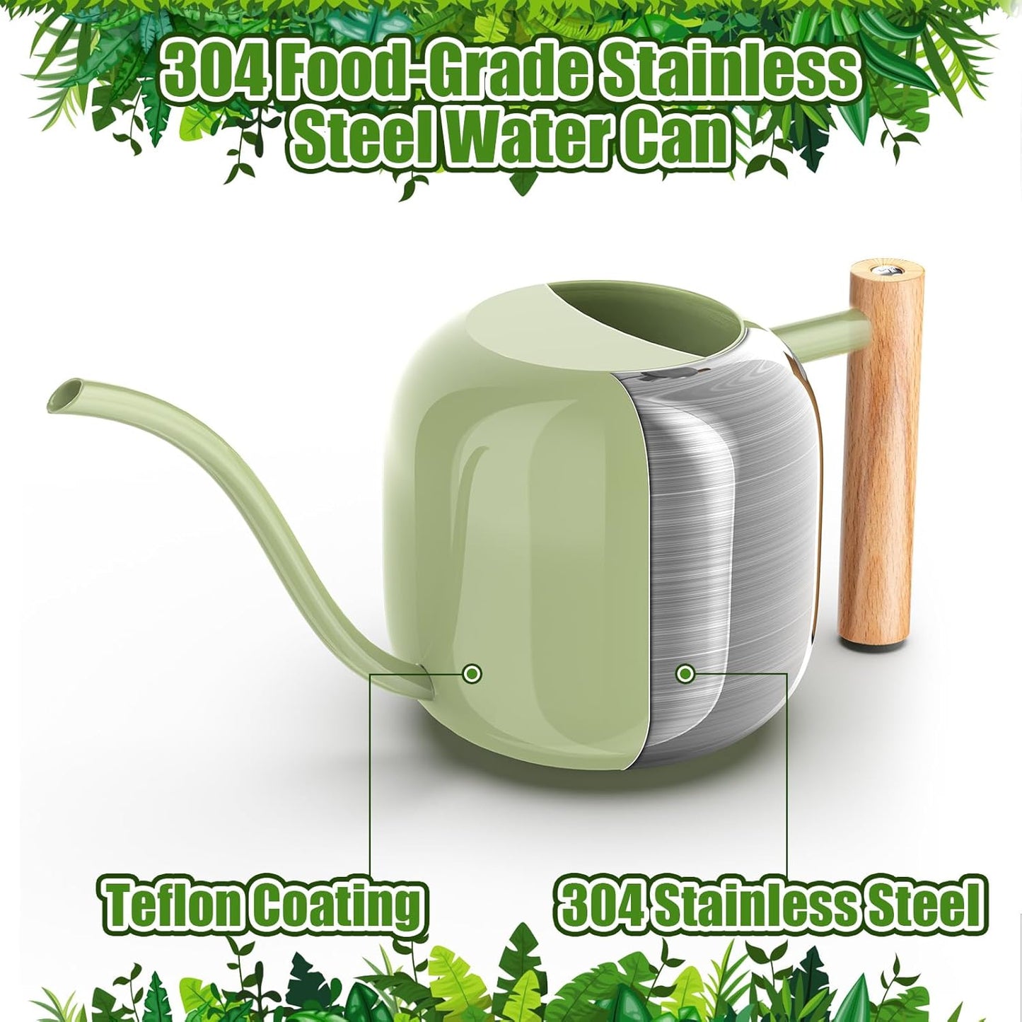 Green Moon Watering Can Indoor Plants 1.2L/41oz Sage Green Water Can Indoor Metal Small Water Can Pot with Long Spout for House Bonsai Plants Garden Flower Decorative