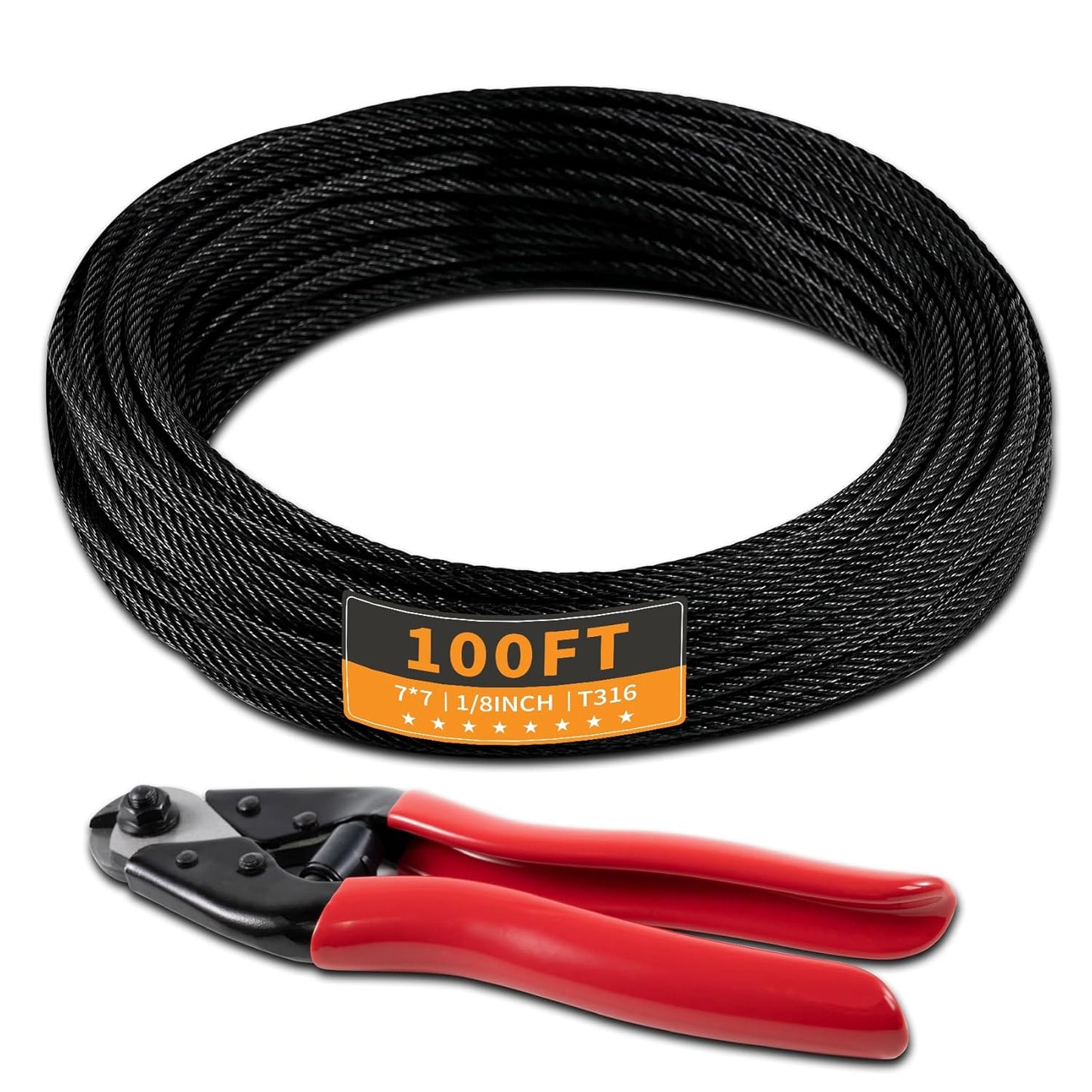 100FT 1/8" Stainless Steel Cable Black 7x7 Strands Aircraft Cable T316 Wire Rope with Cable Cutter 1800lbs Breaking Strength for Deck Cable Railing, Stair, Fence, DIY Balustrades
