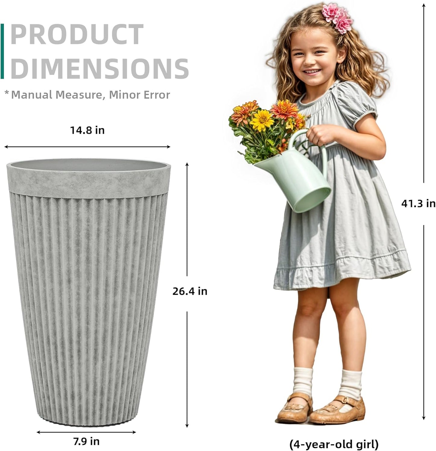 20" Resin Tall Planters for Outdoor Plants, Set of 2 Vintage Gray Large Flower Pots with Handmade Fluted Texture, Heavy-Duty and Weather-Resistant for Year Round Indoor Outdoor use