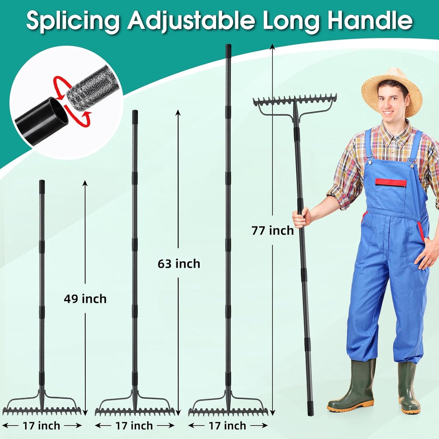 Garden Rake: 49" Metal Garden Leaf Rake with 17 Tines, Heavy Duty Bow Rakes for Lawn Yard Leaves Debris Mulch Gravel Thatch Clean,Lawn Care Gardening Landscaping