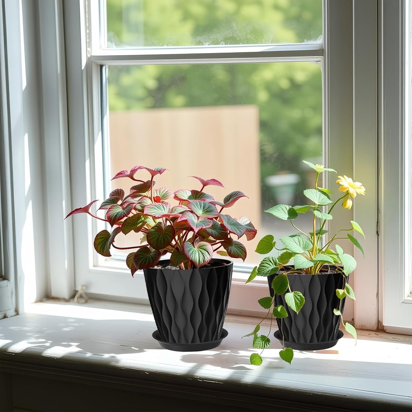 6 Pack 7 Inch Plant Pots with Drainage and Saucers, Black Plastic Flower Pots for Indoor and Outdoor Plants, Stackable Nursery Planters for Houseplants and Herbs, Black