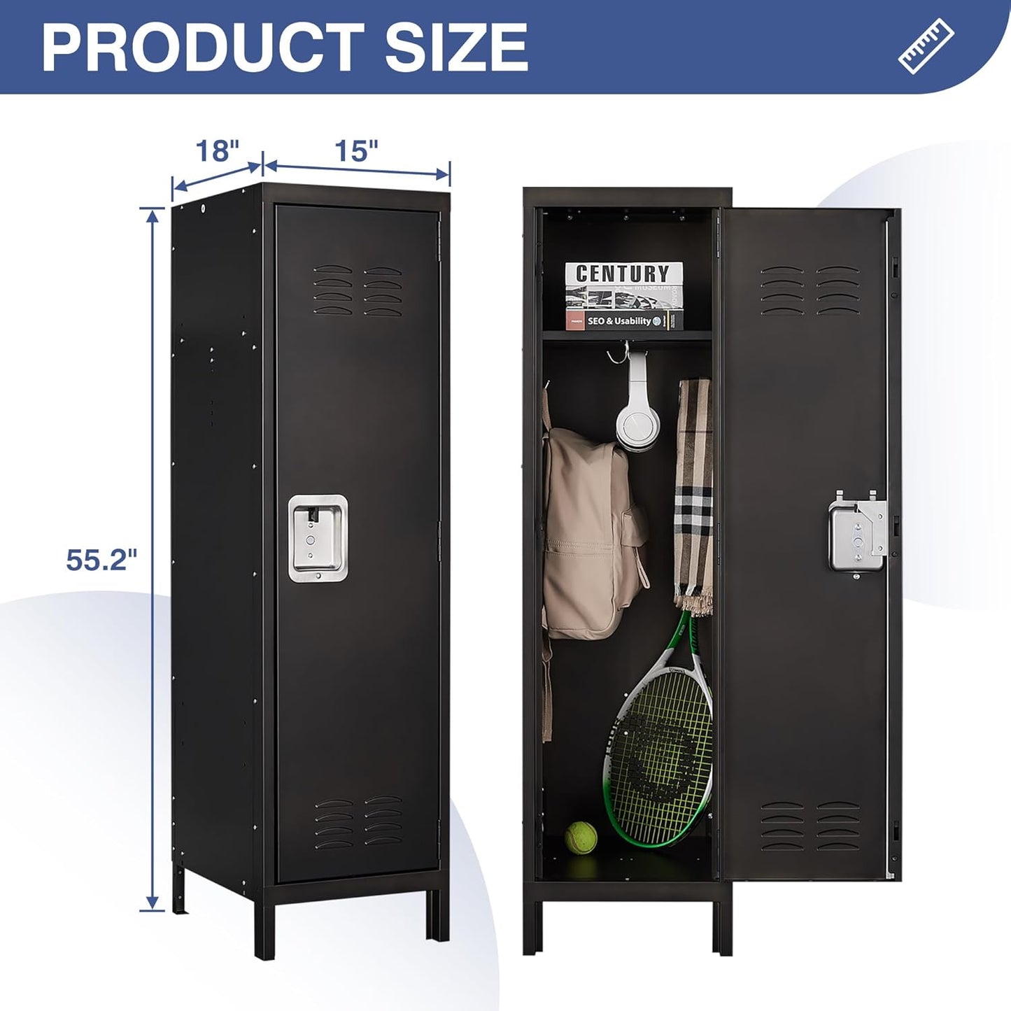 Metal Storage Locker, Lockable Employees Metal Locker with Door, 55" Height Steel Locker for Home, School, Office, Gym (Retro Black)