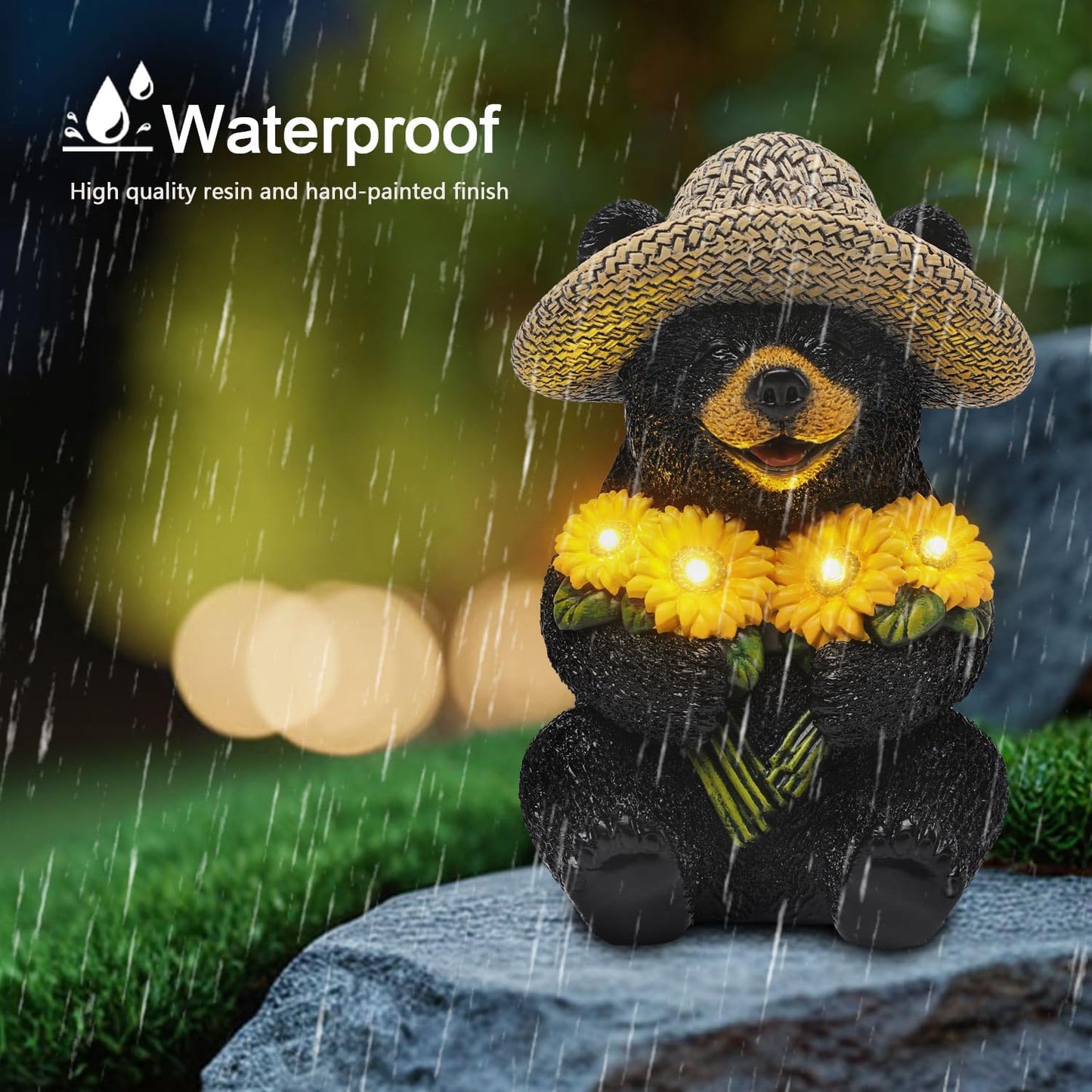 Solar Garden Decor Statues 7.5" Resin Black Bear Figurines with Sunflowers Featuring Straw Hat Waterproof Bear Decor for Outside Yard Patio Porch Decoration Gift for Mom Grandma
