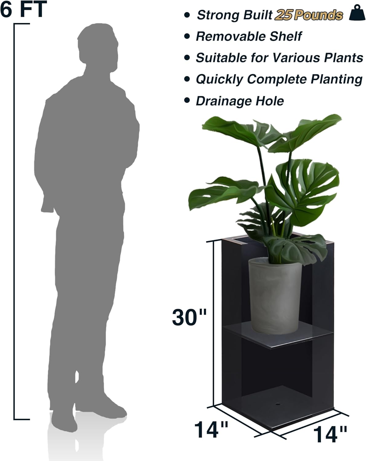 Metallic Heavy Tall Outdoor/Indoor Planter Box 14Lx14Wx30H Inches Rectangular Large Flowerpot, Tall Metal Planter Box for Front Porch ‎25 Pounds, No Assembly Required, Black, 1 Pack