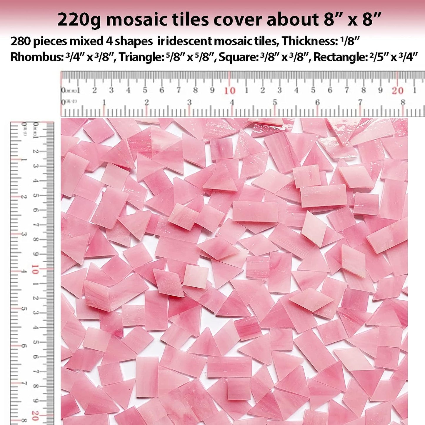 Magic Iridescent Pink Stained Glass Mosaic Tiles for Crafts, 280 Pieces Mixed 4 Shapes Stained Glass Sheets Pieces for Mosaics