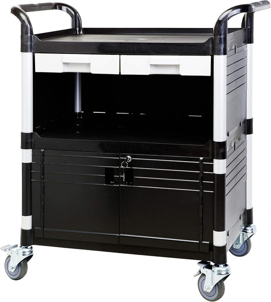 JaboEquip 3 Tier Heavy Duty Utility Cart, Lockable Medical Cart, 606 lbs Load for Lab, Hospital, Office, JB-3KD1, Black