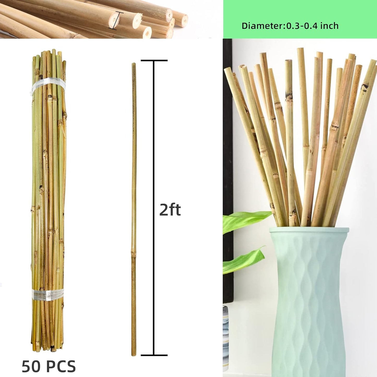 50Pcs Garden Stakes, 0.32”/ 2Feet Bamboo Sticks，Natural Plant Stakes for Indoor and Outdoor Plants，Poles for Tomatoes, Beans, Potted Plants…