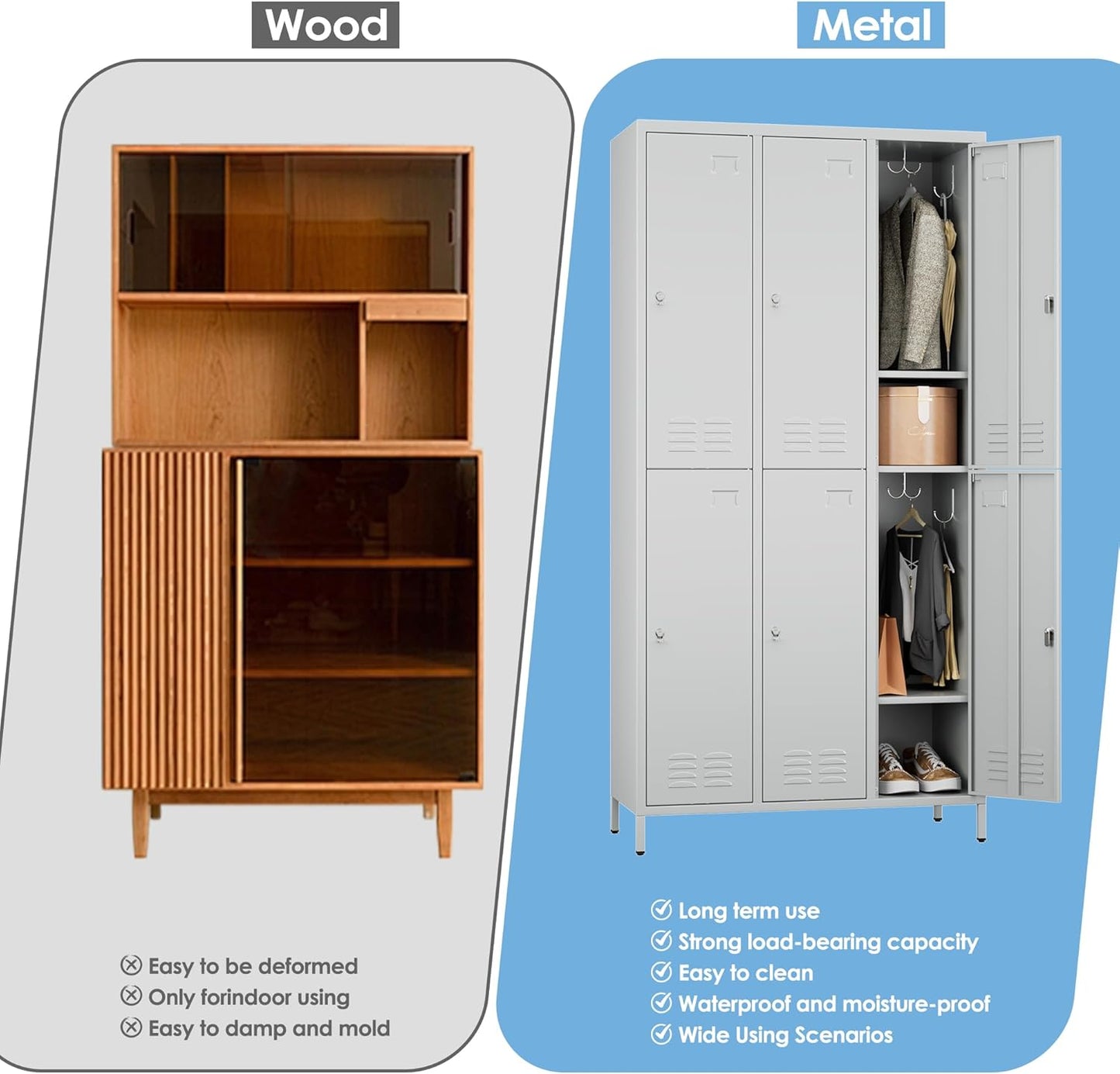 6 Doors Metal Locker Employee with Business Card Holder,Metal Locker for Employees with 18 Hooks for School Garage Office Gym Home,Assembly Required,Light Grey