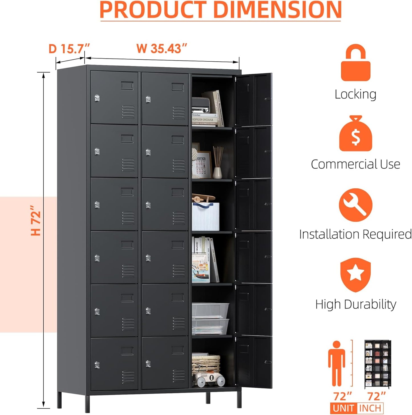 Aobabo 18 Doors Metal Storage Locker for Employees, Lockable Storage Locker with Metal Leg for Employees School Office Gym, Black, Assembly Required