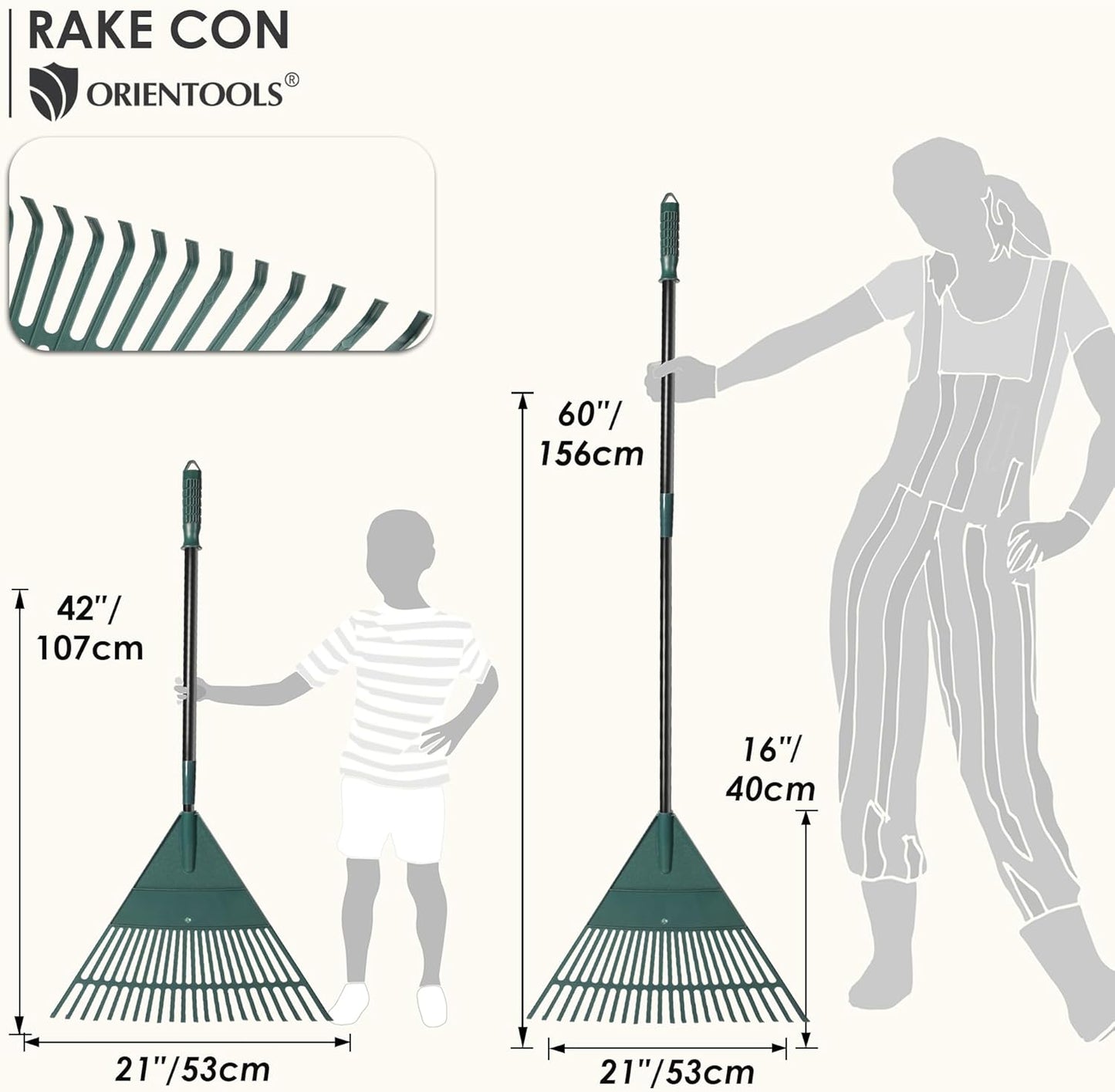 ORIENTOOLS Garden, Adjustable Lightweight Steel Poly Shrub Rake, Plastic Head, 22 Tines, 42 to 60 inches (Black Handle)