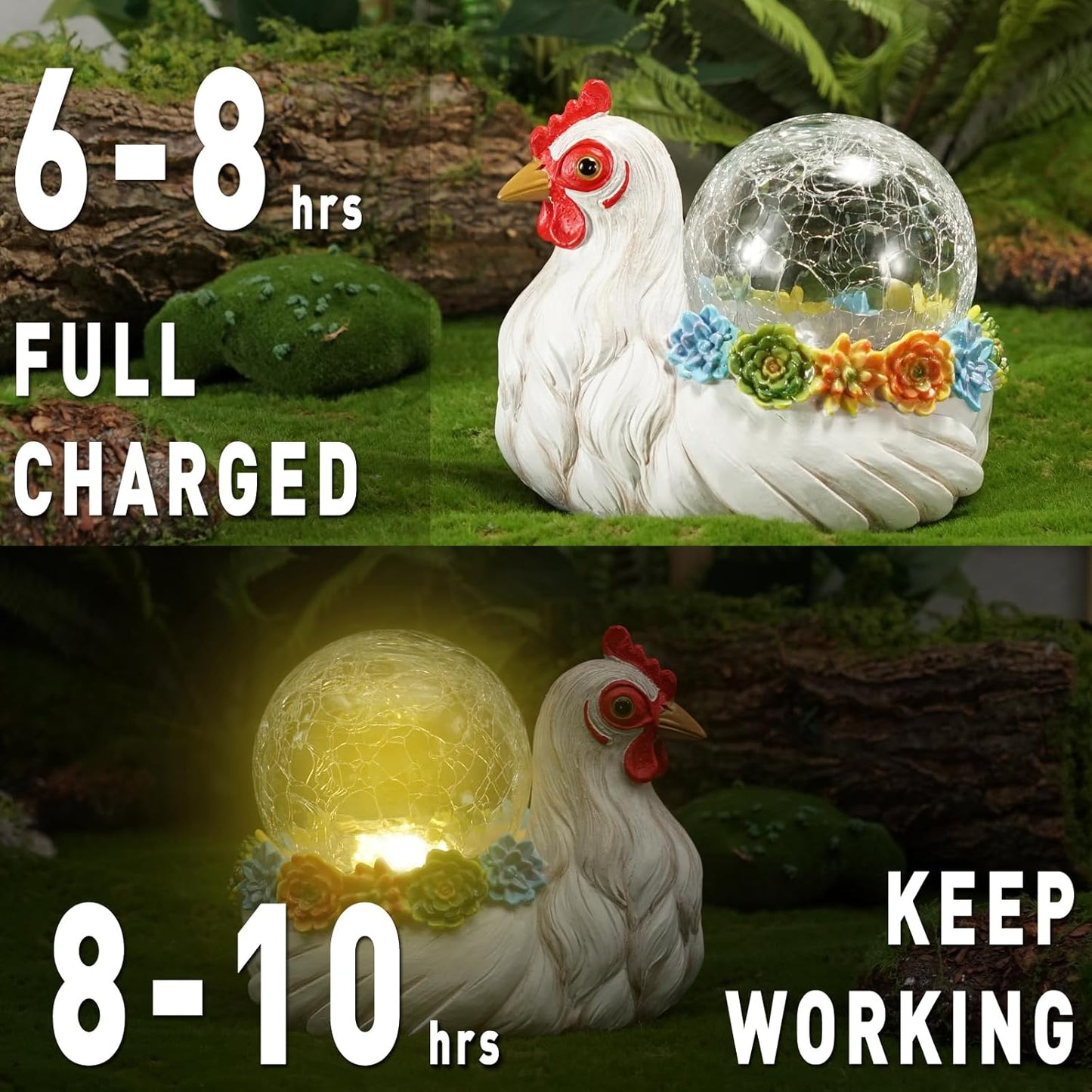 Solar Chicken Garden Statue Lights for Outdoor Decor with Cracked Glass LED Rooster Figurine Lighting Resin Succulent Hen Decorations for Patio Lawn Yard Home Housewarming Mom Wowen Gifts