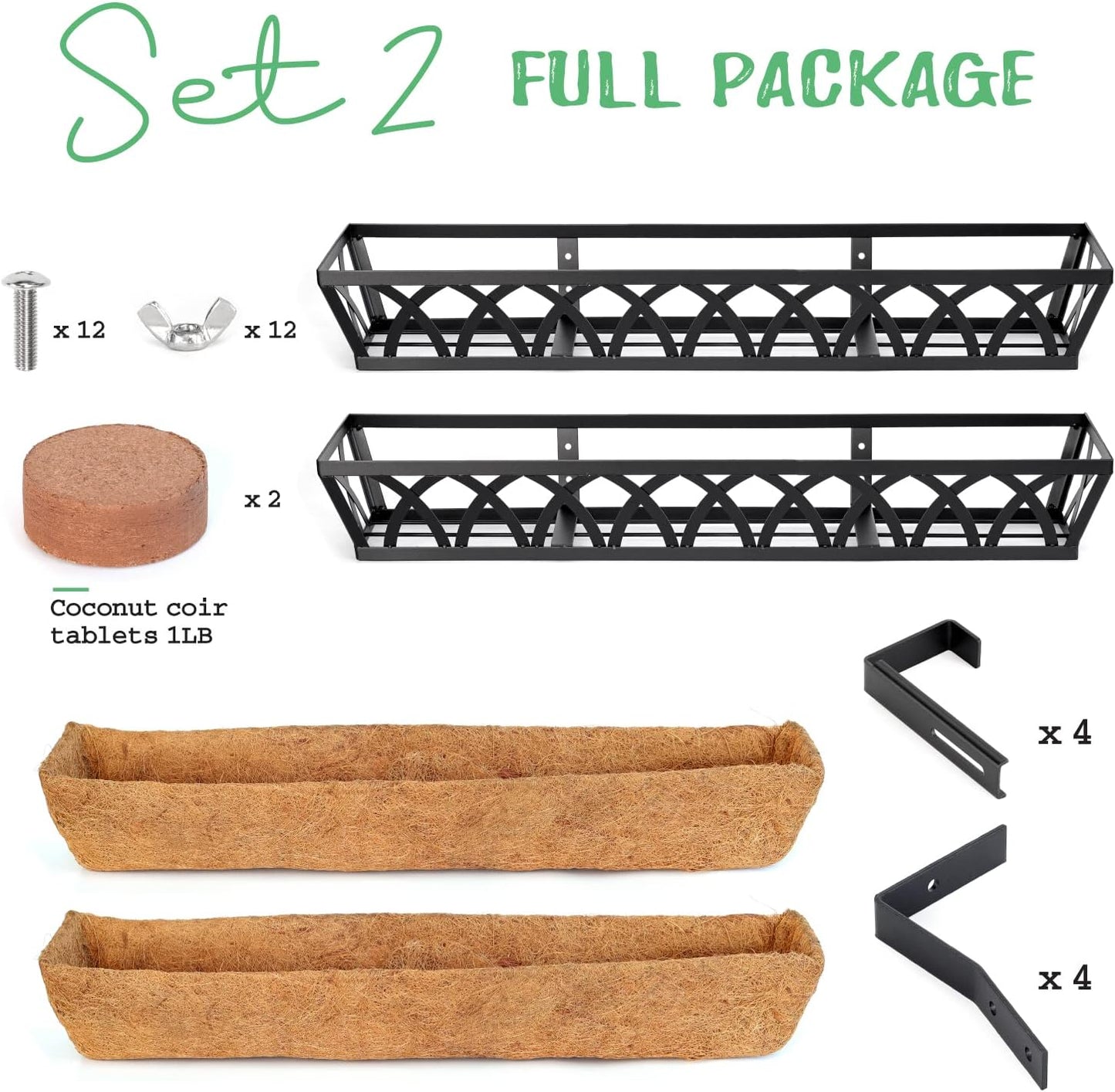 Window Box Railing, 36 Inch Black Metal Hanging Flower Planter Basket with Coco Liner for Outdoor Balcony Porch Fence Patio for Home, Office and Hotel (Black - 2 Pcs/Set)