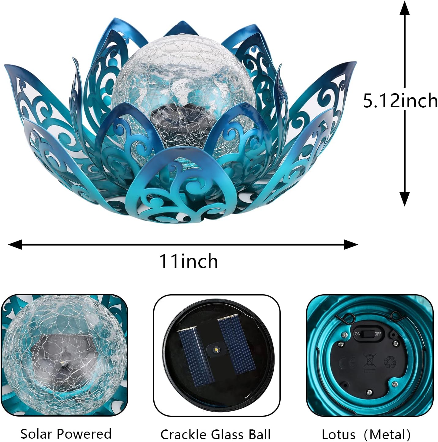 Bshine Solar Outdoor Garden Lotus Decorative Light, Waterproof Metal Cracked Glass Globe LED Lotus Light for Tabletop Decor, Walkway, Lawn Ornaments and Garden, Housewarming Gift (Blue)