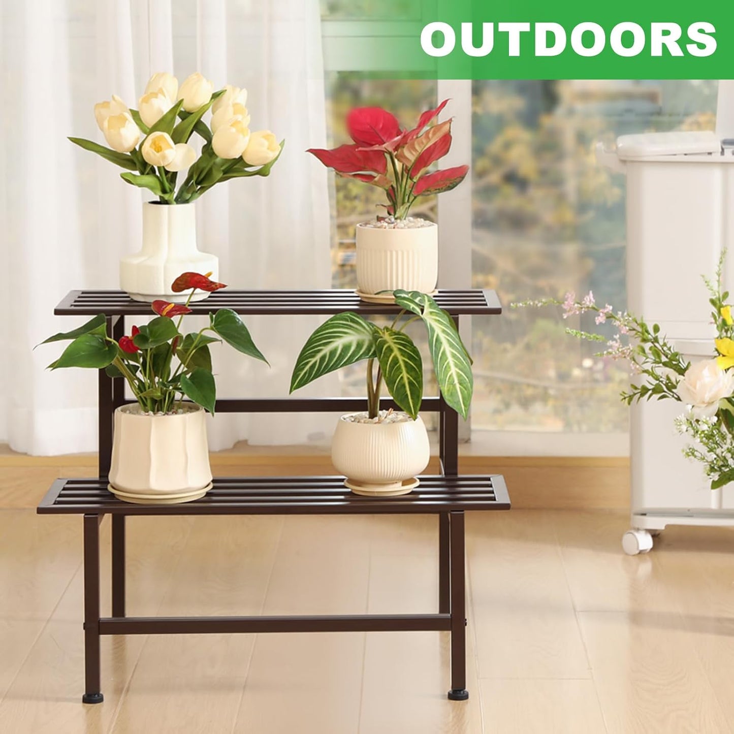 Metal Plant Stand Outdoor Plant Shelf Indoor,2 Tier Heavy Duty Ladder Plant Stands for Multiple Plants,26" L x 20.25" H x 17.75" W,Coffee