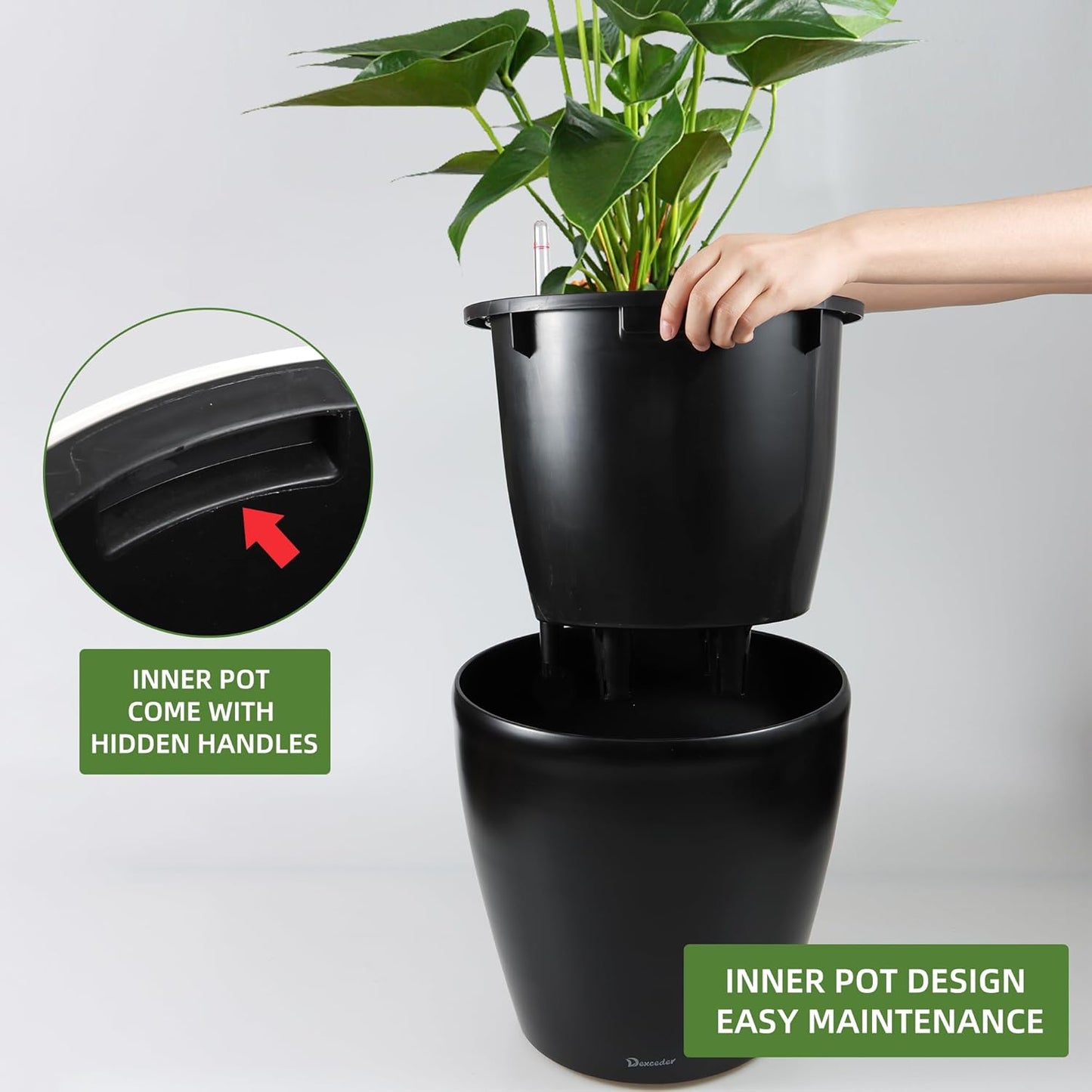 Dexceder 18x17 Self Watering Planter with Wheels Indoor Outdoor, Inner Pot Design, Thickened Large Floor Standing Flower Plant Pot with Water Level Indicator (Black Matte)