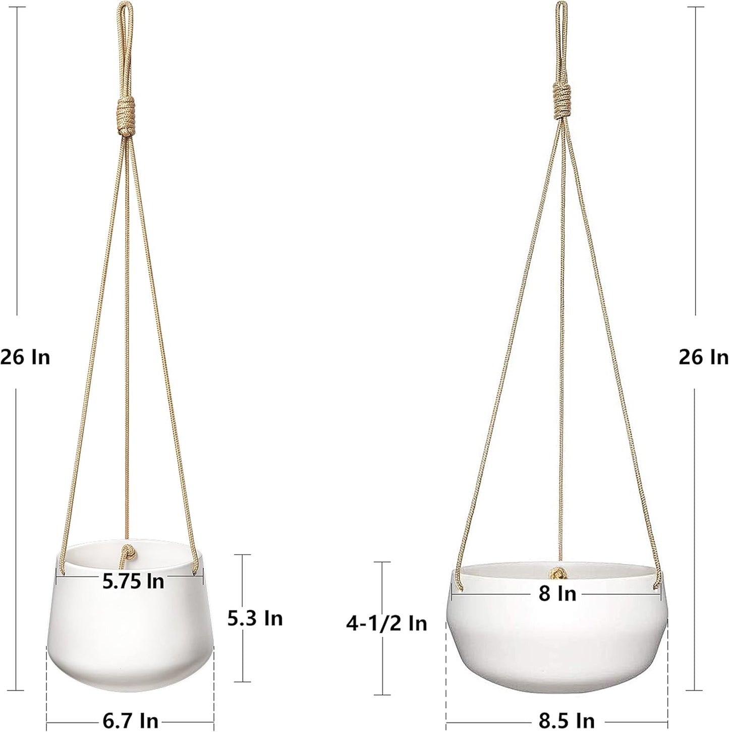 Mkono Ceramic Hanging Planter of Shallow 8 Inch and Deep 6 Inch for Indoor Outdoor Plants, Set of 2 Modern Plant Pot Geometric Porcelain Hanging Basket with Polyester Rope Hanger