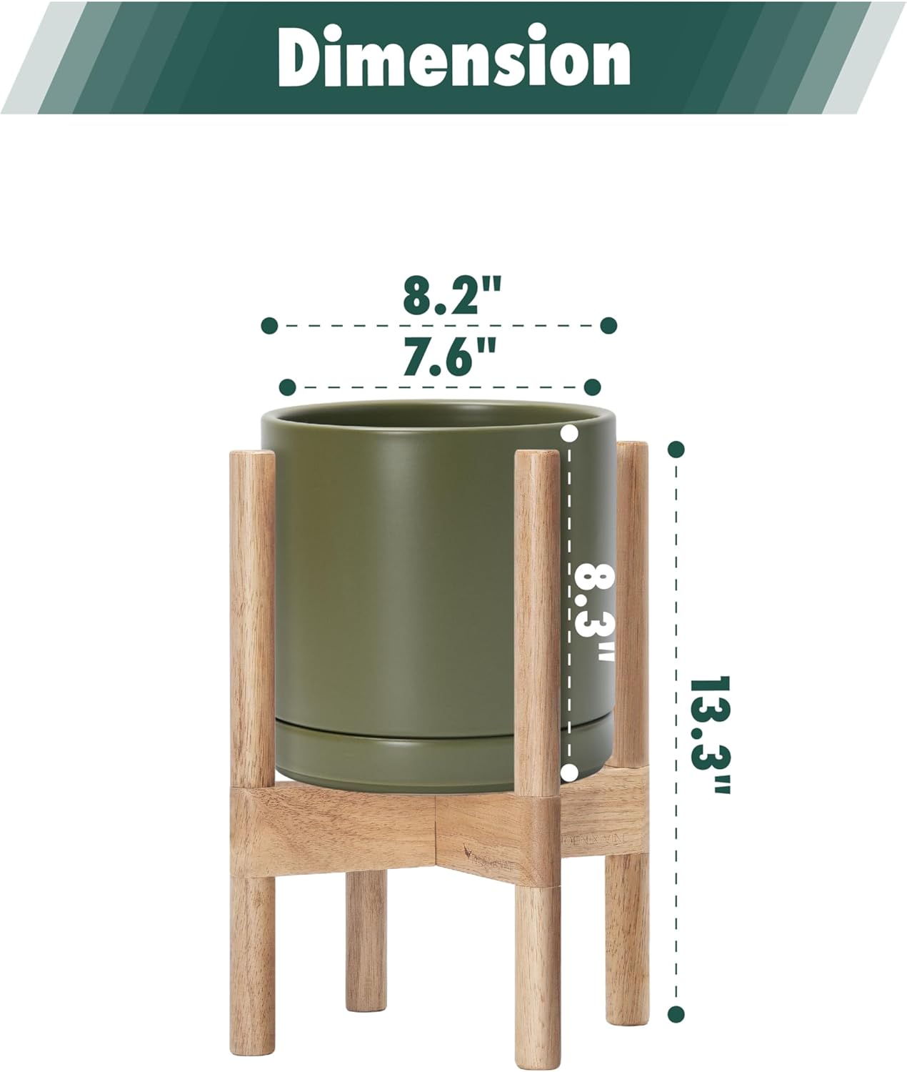 D'vine Dev Ceramic Planter with Natural Stand - 8 Inch Modern Round Flower Pot with Wood Planter Holder, Olive, 55-B-N-J