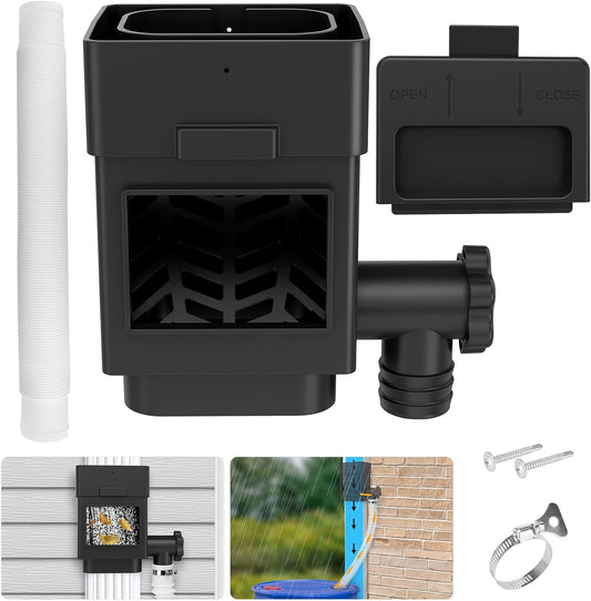 WADEO Rainwater Collection System, Downspout Diverter Fits for 2"x 3" or 3"x 4" Residential Downspouts, Rain Barrel Diverter Kit with Adjustable Valve and Filter, 5FT Hose, Black
