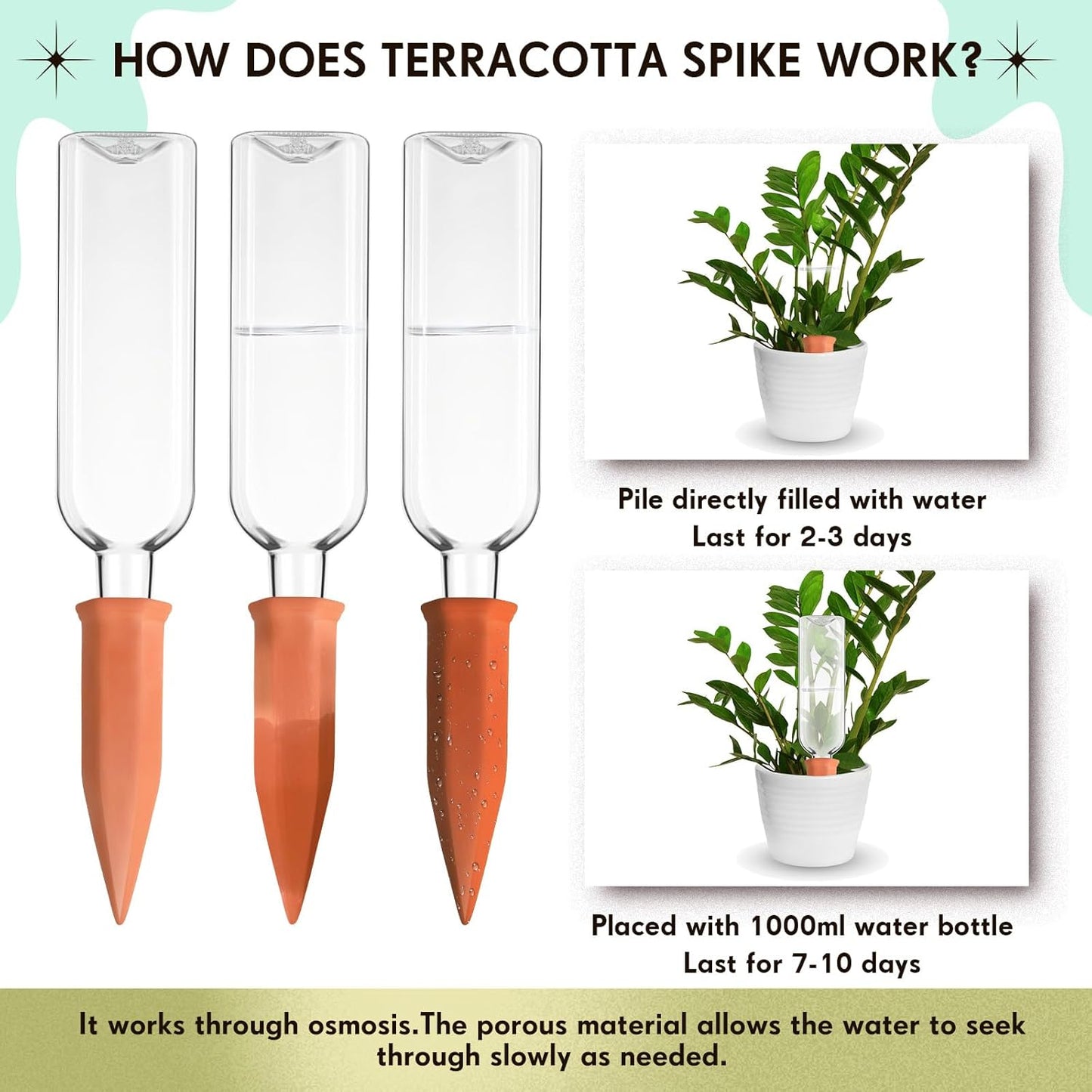 Dandat 20 Pcs 34oz Plant Watering Devices Include Terracotta Self Watering Spikes with 1000ml Plastic Bottles Slow Release Vacation Insert Automatic Plant Waterer Self Water Planter for Garden