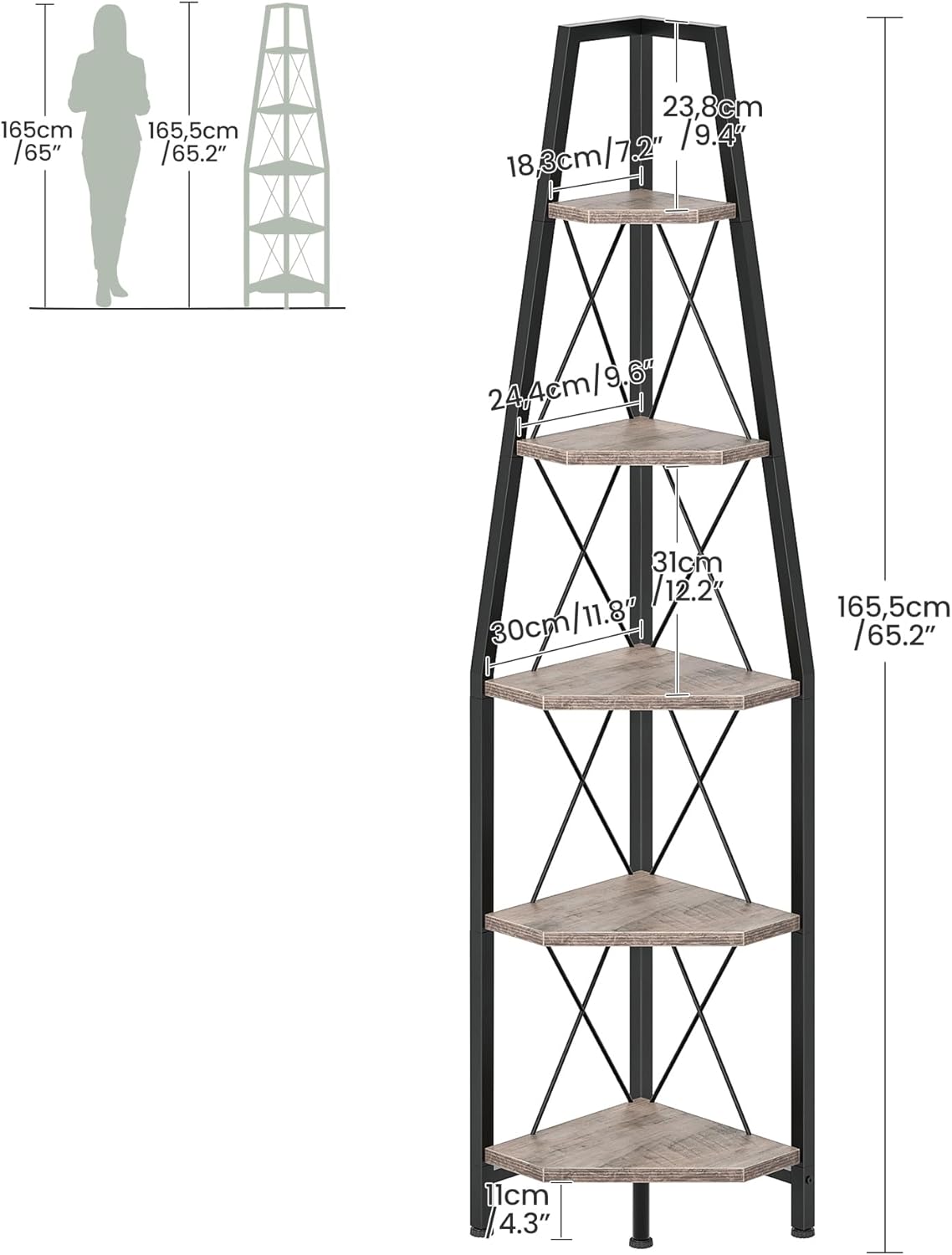 5-Tier Corner Shelf, Corner Bookshelf, Ladder Shelf, Floor Standing Storage Rack, Open Display Stand, Plant Stand, for Living Room, Bedroom, Study, Bathroom, Greige and Black TCJ22BG