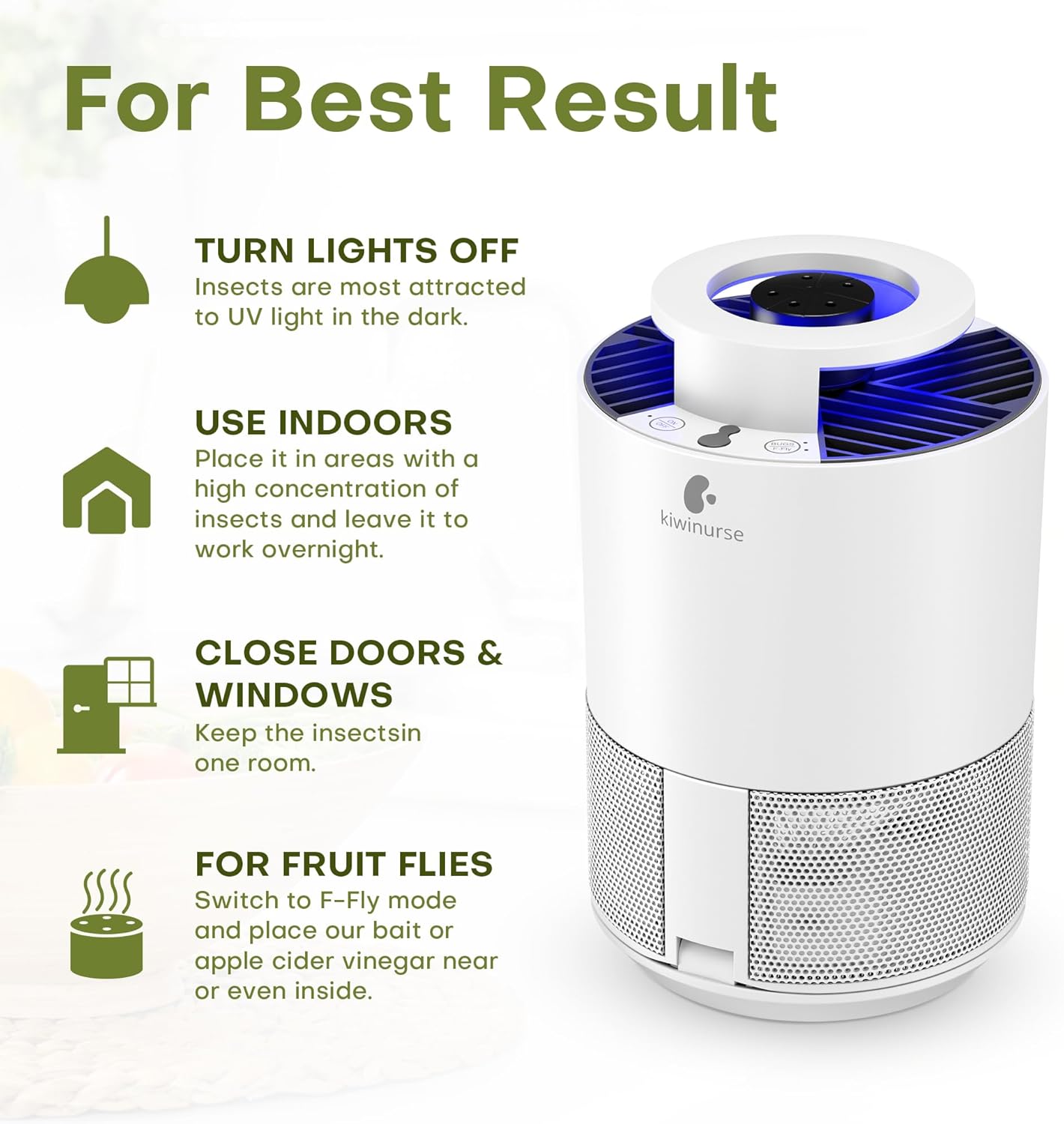 Indoor Insect Trap - Catcher & Killer for Fruit Flies, Gnats, Mosquitoes - Bug Light Traps with Suction for Inside Your Home, 5 Sticky Glue Cards, with Bait, White