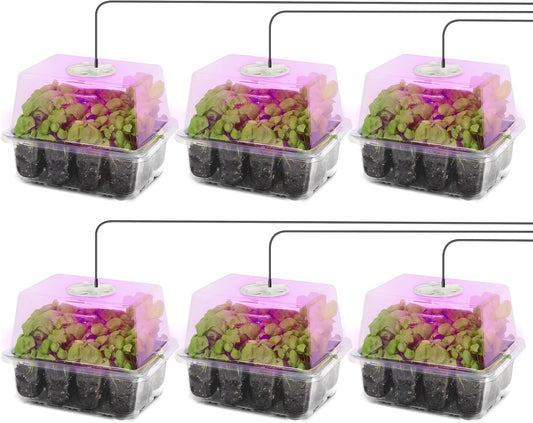 MIXC Seed Starter Kit with Grow Light, Elevated Seedling Tray Kit with Adjustable Humidity Dome and Clear Cell Tray, 12 Full Spectrum Led Beads for Seed Starting Greenhouse, 6 Pack, Transparent
