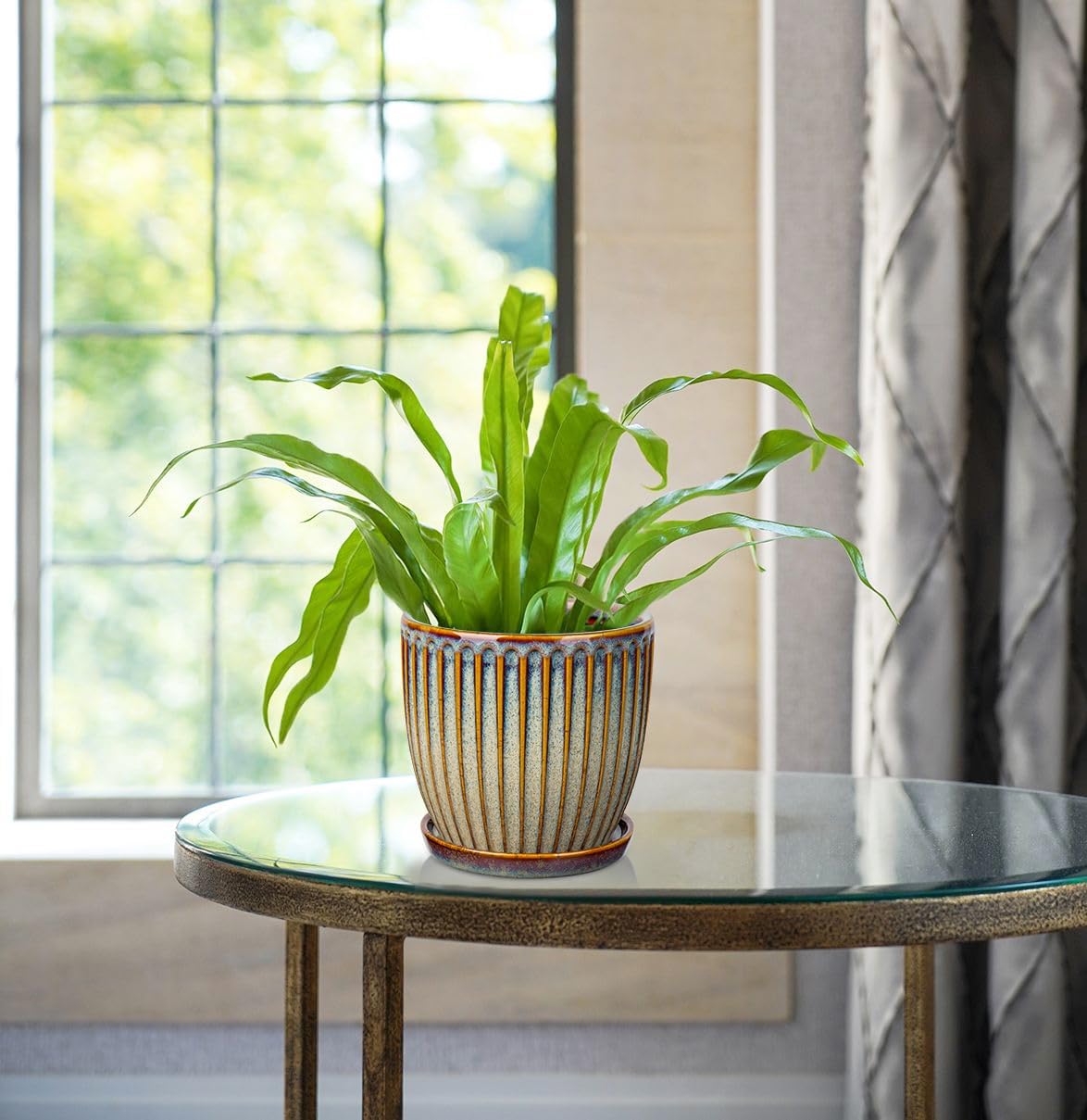 Oairse Ceramic Pots for Indoor Plants, 4.9 +5.7 inch Set of 2 Brown Plant Pots with Drainage Holes and Saucers Texture Ceramic Planters Indoor Outdoor Flower Planters for Succulent