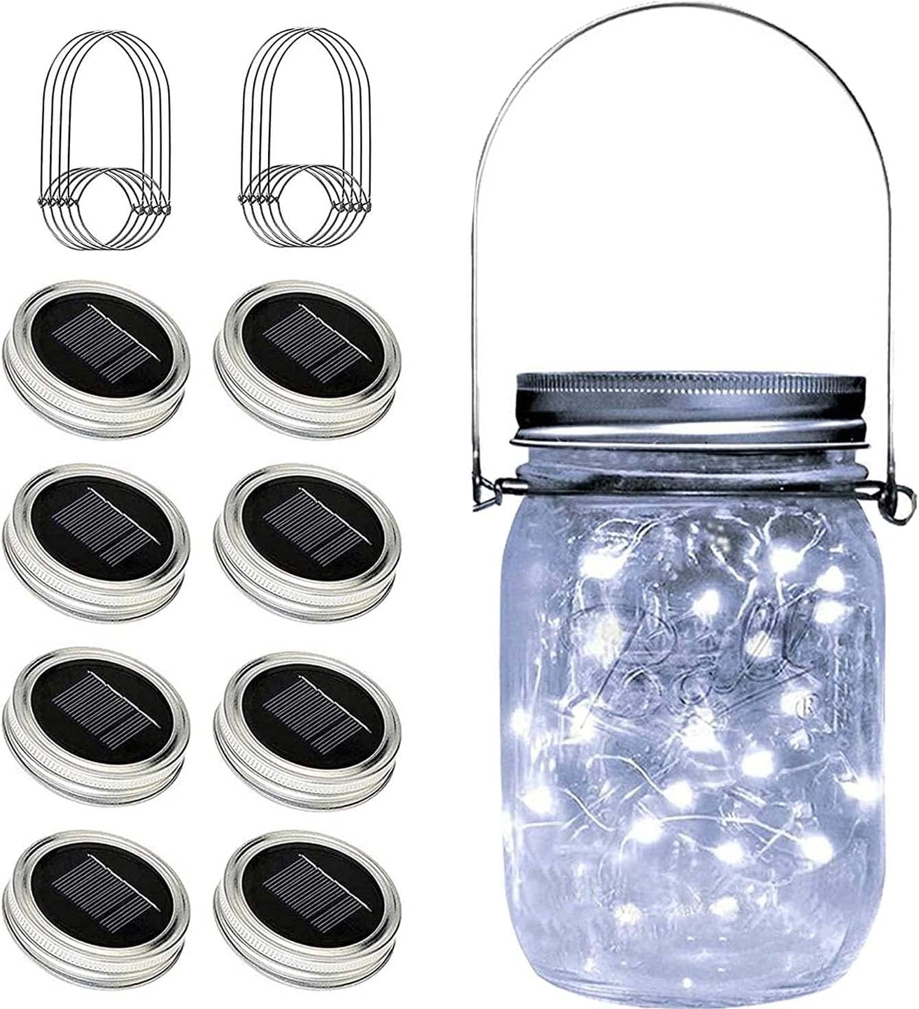8 Pack Solar Fairy Star Firefly Jar Lid Lights - Waterproof Lantern Mason String Lights With Hangers for Regular Mouth Jars - Christmas Gifts (Cold White)