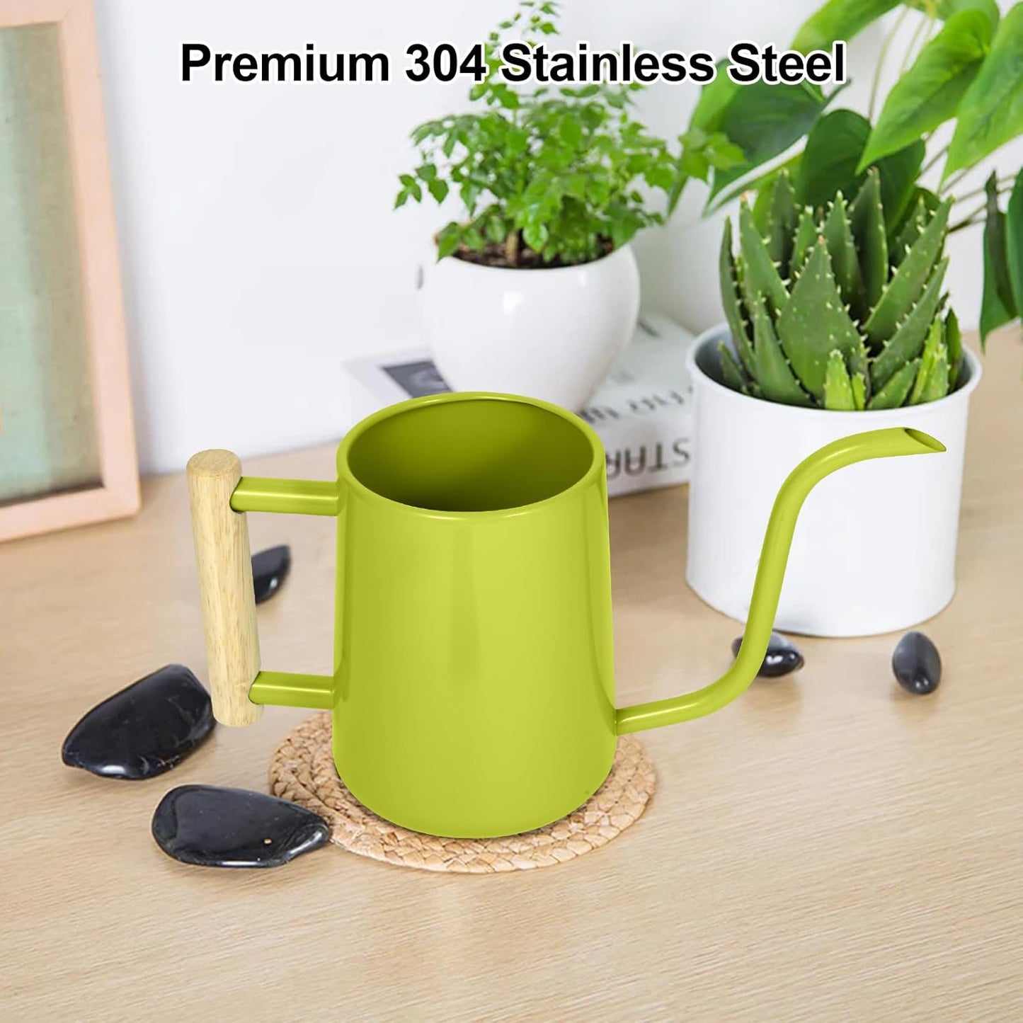 Watering Can Indoor Plants, 35 oz/1000 ml Metal Stainless Steel Watering Can Pot with Long Spout for Indoor House Plants Bonsai Outdoor Garden Flower Decorative (Bright Green)