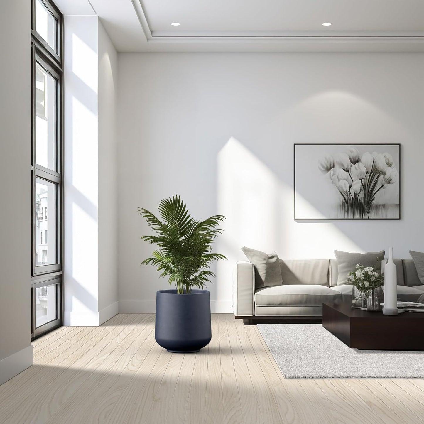 Kante 15.3" Dia Round Concrete Planter, Outdoor Indoor Large Plant Pots Containers with Drainage Hole and Rubber Plug for Home Garden Patio, Dark Gray