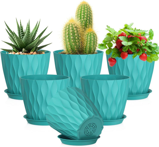 5 inch Plant Pots for Indoor Outdoor Plants, 6 Pack Flower Pots with Drainage Holes and Saucers, 3D Modern Wave Texture Small Plastic Planter Pots for Nursery and House Plants, Blue Green