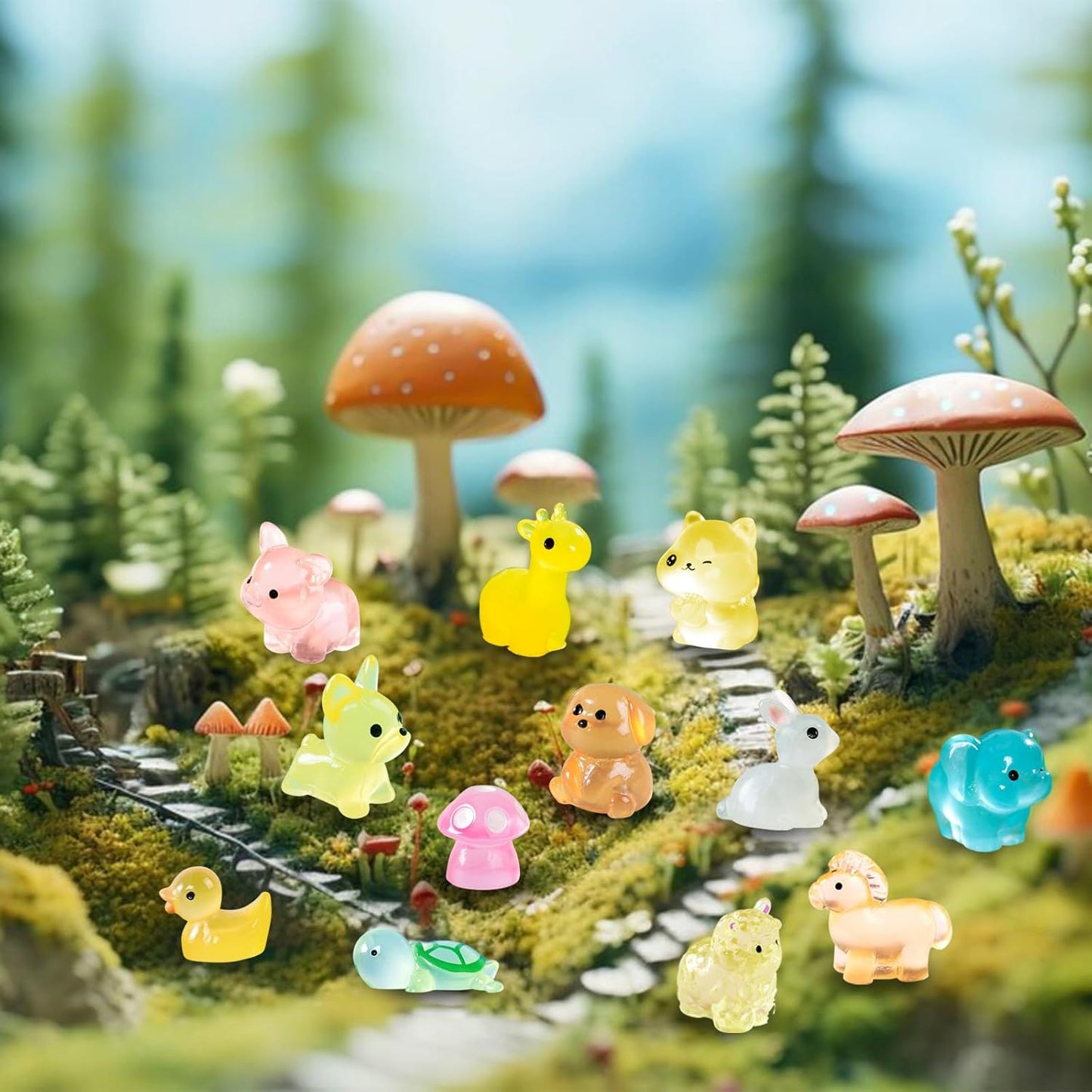 160pcs Luminous Mini Resin Animals Figurines Mini Ducks Dogs Squirrels Giraffes Rabbits Tiny Elephants Miniature Figurines Glow in The Dark Garden Miniatures Fairy Garden Accessories