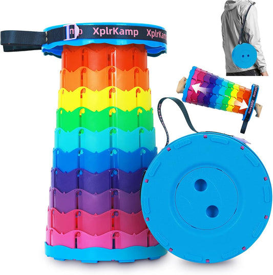 Retractable Folding Stool - Heavy Duty 400 lb Collapsible Portable Stool for Camping, Hiking, Fishing, Indoor/Outdoor with Non-Slip Base and Lightweight Design (Rainbow, 1-Pack)