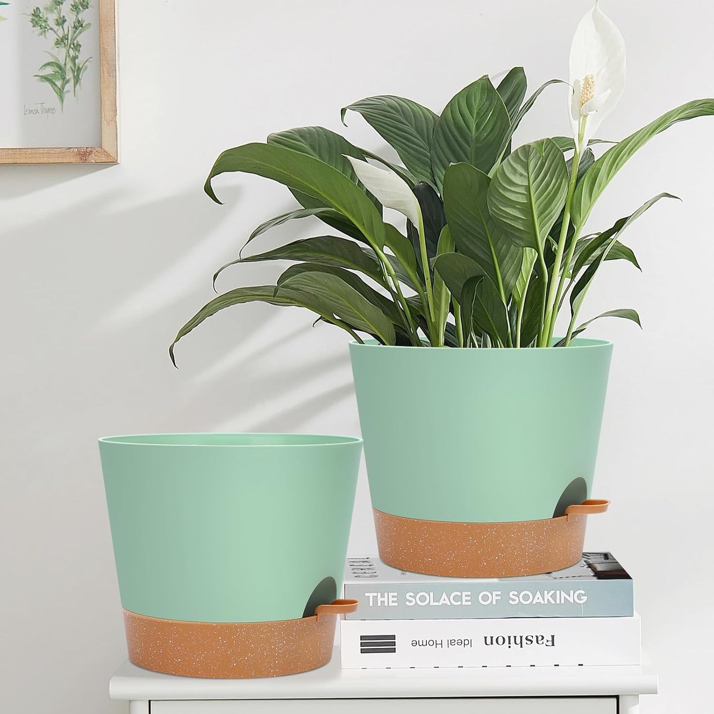 12 Inches Indoor Self Watering Planters with Drainage Holes and Saucers, 4 Pack (Green)