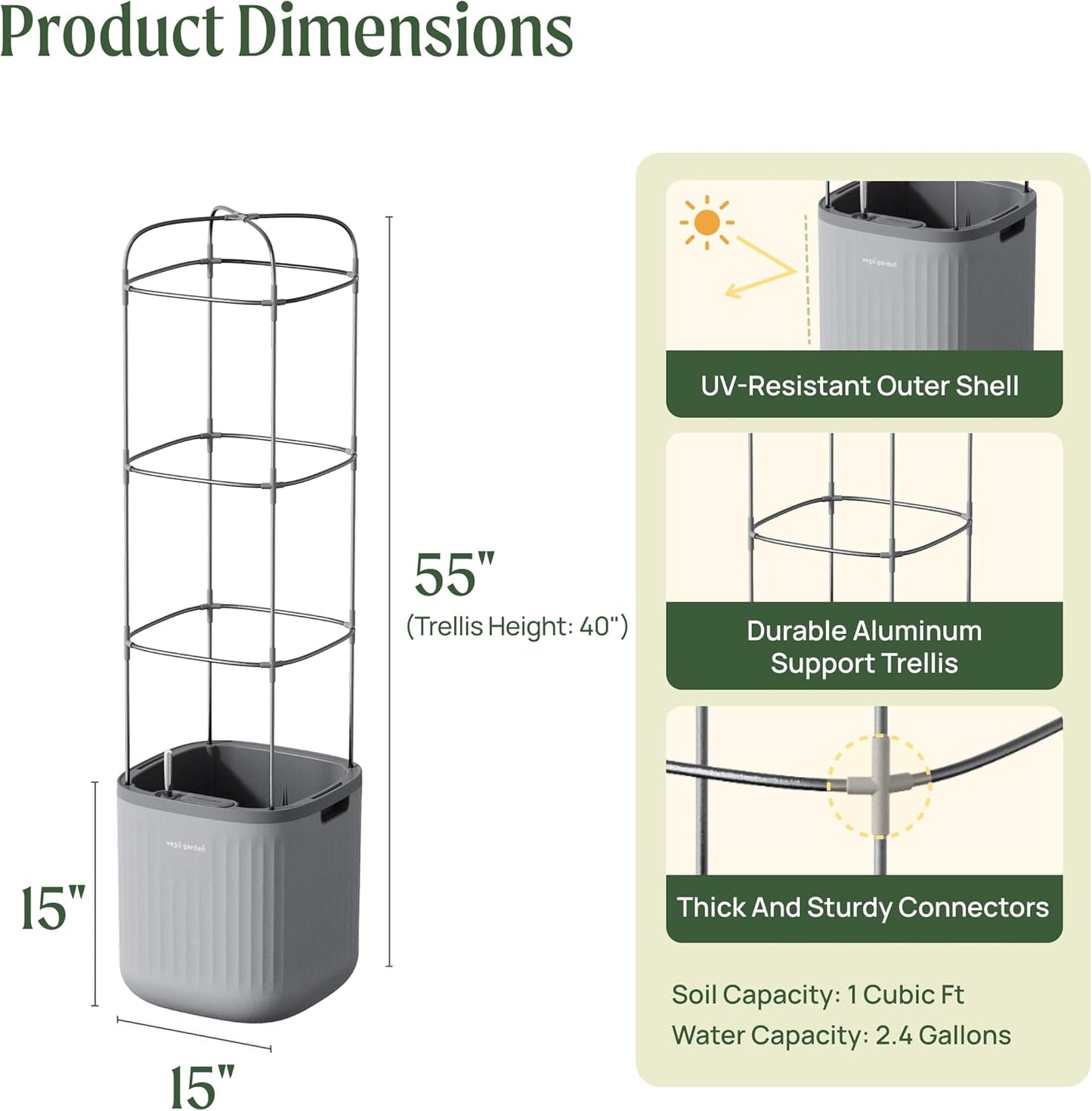 Vego garden Planters for Outdoor & Indoor Plants, Large Plant Pots with Self Watering, 15" Tall Large Plant Pots with Trellis for Flowers Plants Decor, Fog Gray