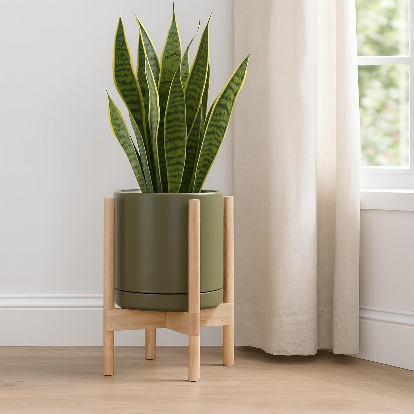 D'vine Dev Ceramic Planter with Natural Stand - 10 Inch Modern Round Flower Pot with Wood Planter Holder, Olive, 55-B-K-J