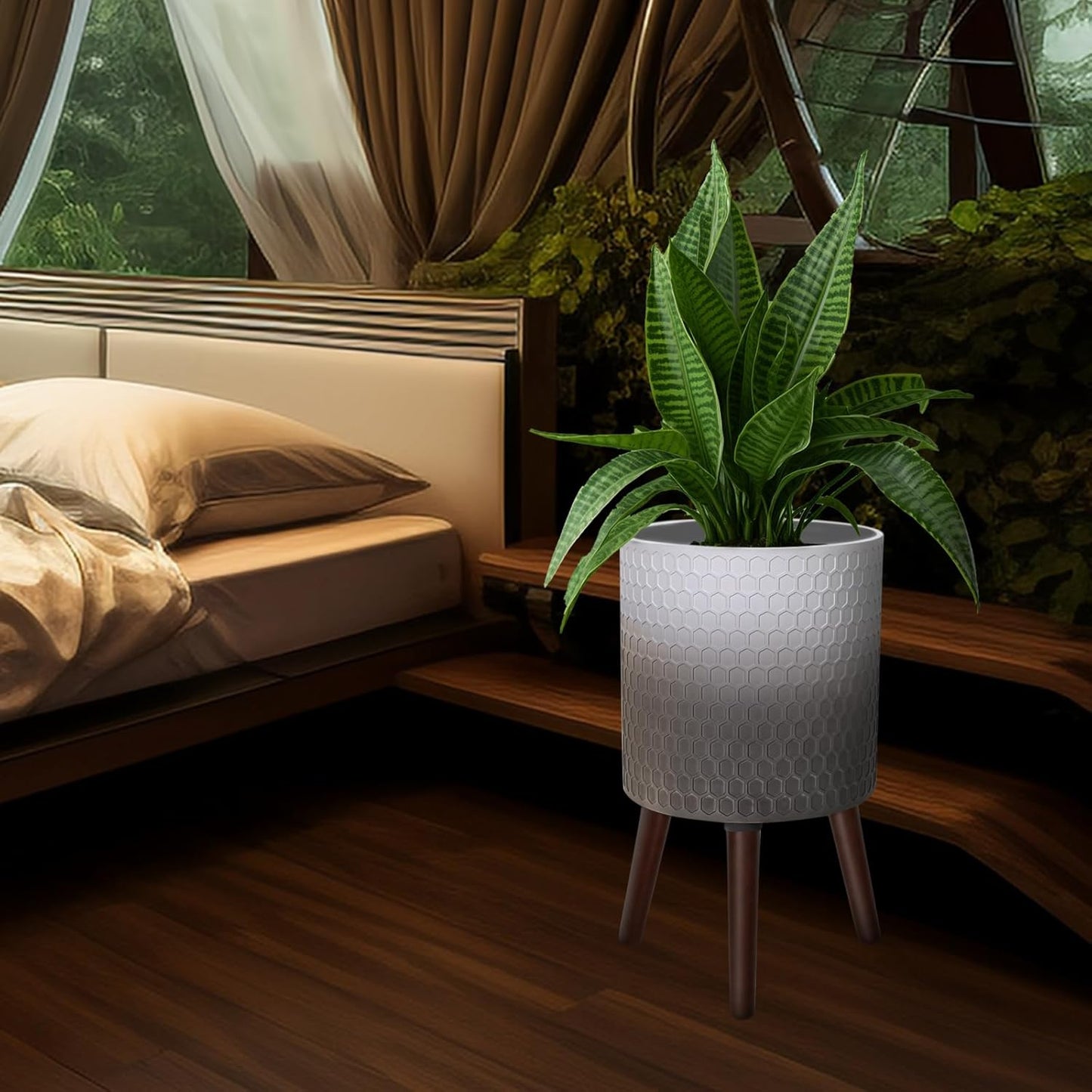 12 Inches Indoor Plant Pot with Walnut Color Stand Honeycomb Embossed Flower Pot with Drainage Holes Large Modern Planters for Indoor Plants-Gradient White Gray
